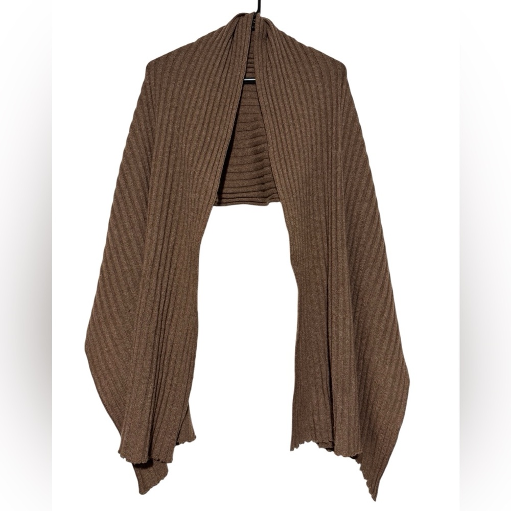Meg Cohen 100% Cashmere Scarf Brown Tan Ribbed Knit Minimal Capsule Cozy Fall